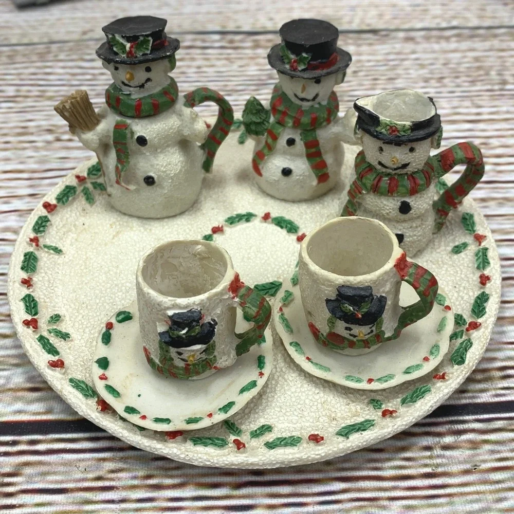 Snowman Tea Set Miniature Holiday Christmas Teapot‎ Cups Saucers Plate Vignette